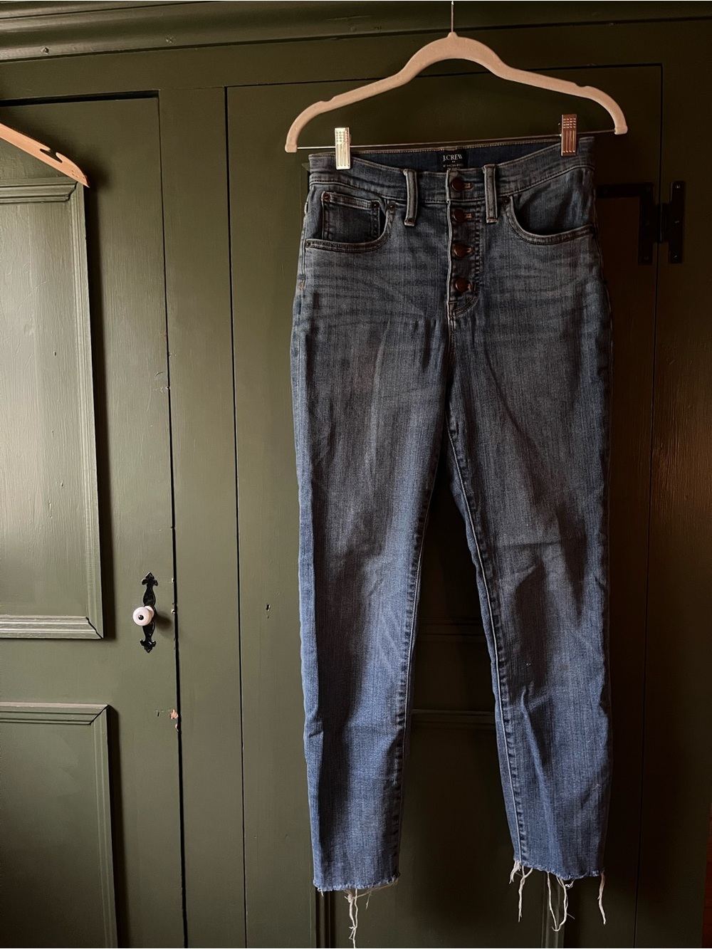 J. Crew High-Rise Button-Fly Frayed Hem Jeans - Dark Blue